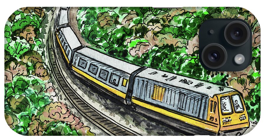 Train iPhone Case featuring the painting Silver Yellow Train Railway Through The Trees Watercolor by Irina Sztukowski