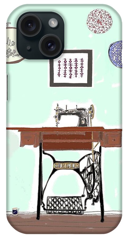 Line Drawing iPhone Case featuring the drawing Singer Sewing Machine Scene by Ashley Rice
