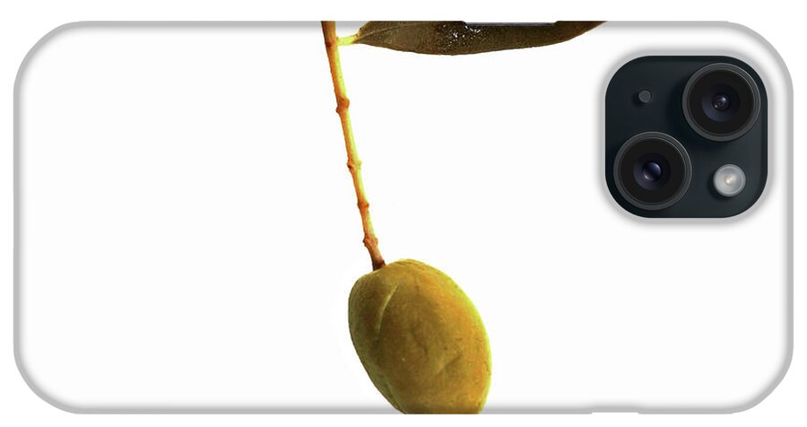 Green Olive iPhone Case featuring the photograph Single Green Olive Isolated on white with a single leaf square by Pete Klinger