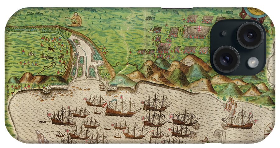 Maps iPhone Case featuring the drawing Sir Francis Drakes West Voyage to the West Indies Visits Guyana in Africa 1589 by Boazio Baptista