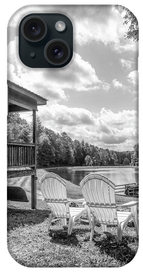 Black iPhone Case featuring the photograph Sitting in Sunshine at the Lake Black and White by Debra and Dave Vanderlaan