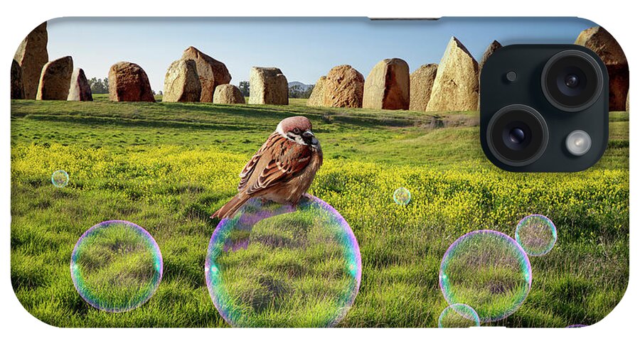 Surrealistic Surrealism Surreal Digital Photograph Bird Bubble Bubbles Landscape Floating Rock Formation Field Meadow Santa Barbara Whimsical Fun Nature Golden Hour Magical Fantasy Fantastic Serine Calming Feathered Friend Rites Ritual Yellow Mustard Blooms Clear Sky Lush Grass Fantasy Digital Art Unreal Beyond Real Unusual Unearthly Uncanny Dreamlike Dreamscape Retouched Photoshop Edited Curious Imagination Make-believe Creative Creativity Vision Daydream Fanciful Illusion Original Mind's Eye iPhone Case featuring the photograph Sitting Pretty by Perry Hambright
