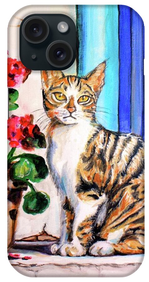 Painting iPhone Case featuring the painting Skiathos Cat with Blue Door by Yvonne Ayoub