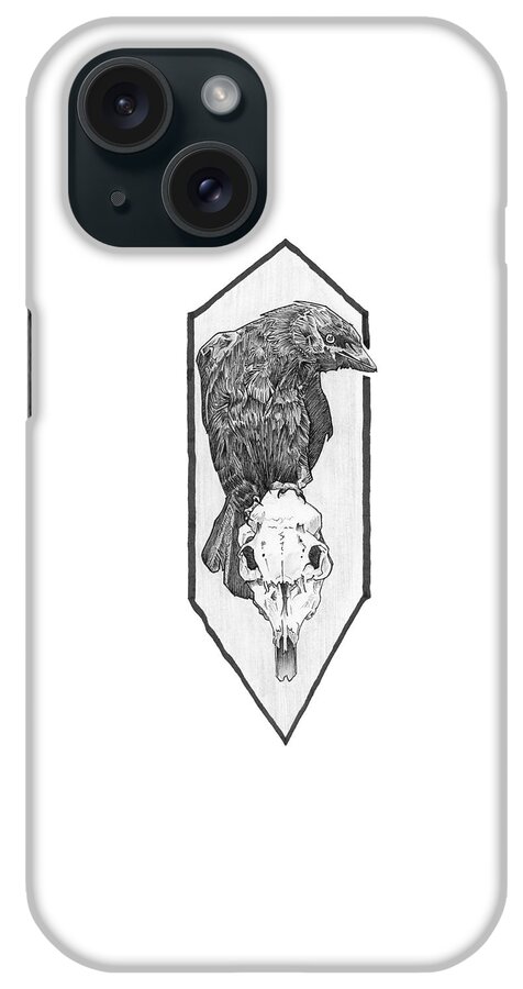 Crow iPhone Case featuring the drawing Skull and Crow by Tiffany DiGiacomo