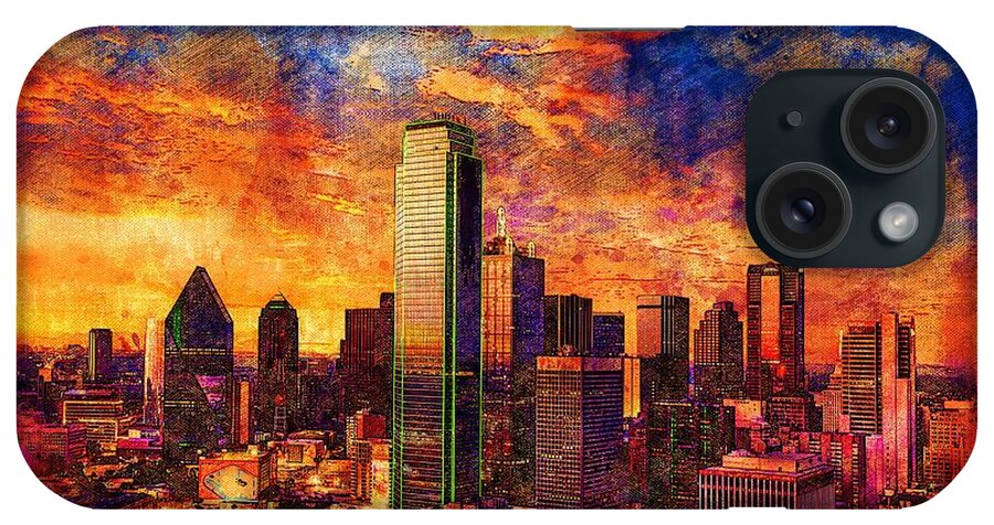Dallas iPhone Case featuring the digital art Skyline of downtown Dallas, Texas, at twilight - digital painting by Nicko Prints