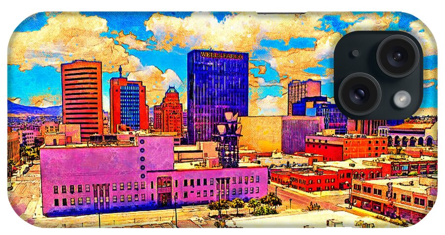 El Paso iPhone Case featuring the digital art Skyline of Downtown El Paso, Texas, digital painting with vintage look by Nicko Prints