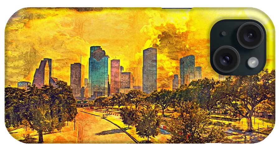 Houston iPhone Case featuring the digital art Skyline of downtown Houston, Texas, at sunset - impasto oil painting by Nicko Prints
