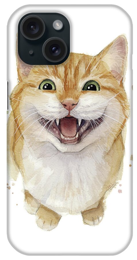Funny Cat Painting iPhone Case featuring the painting Smiling Meowing Cat by Olga Shvartsur