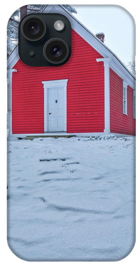 The Redstone Schoolhouse iPhone Case featuring the photograph Snow Covered Massachusetts Scenery at Red Schoolhouse by Juergen Roth