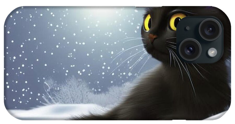 Snow; Kitty; Cat; Black Cat; Moon; Snowbank; Digital Art; Square; Children's Art; iPhone Case featuring the digital art Snow Kitty by Tina Uihlein