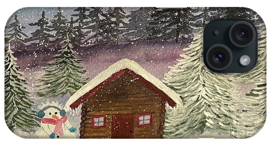 Snowman iPhone Case featuring the painting Snow Lady and Cabin by Lisa Neuman