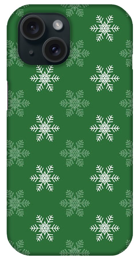 Snowflake Patterns iPhone Case featuring the digital art Snowflake Pattern in Green and White by Eclectic at Heart
