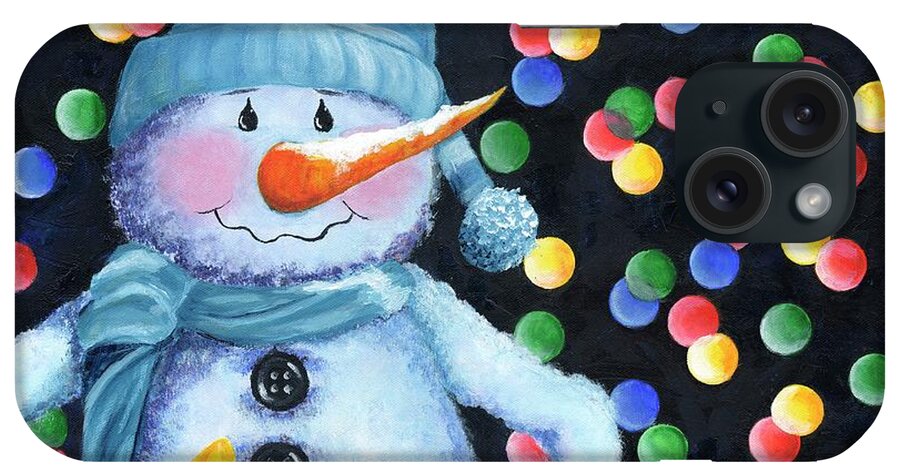Snowman iPhone Case featuring the painting Snowie with Twinkling Lights by Donna Tucker