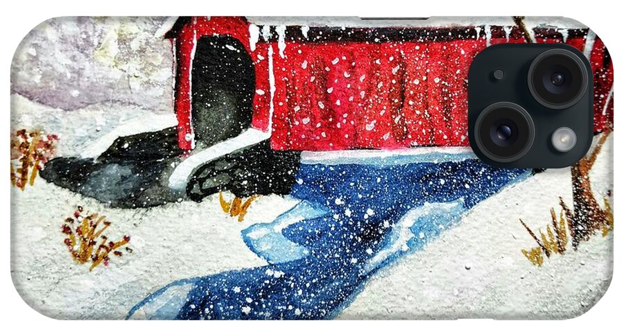 Snowy iPhone Case featuring the painting Snowy Covered Bridge by Shady Lane Studios-Karen Howard