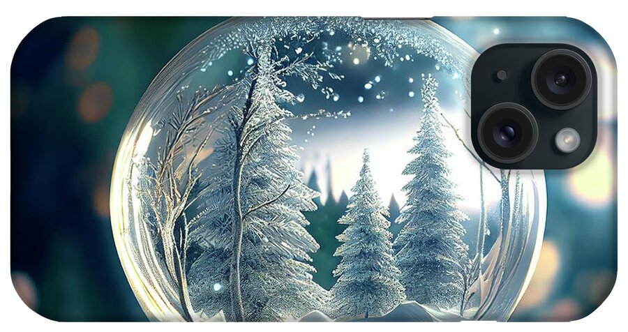 Winter iPhone Case featuring the digital art Snowy glass ball with winter forest covered with snow. Holiday s by Jelena Jovanovic