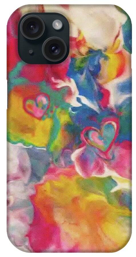 Colorful Abstract Acrylic Hearts iPhone Case featuring the painting Sound Of Sun by Deborah Erlandson