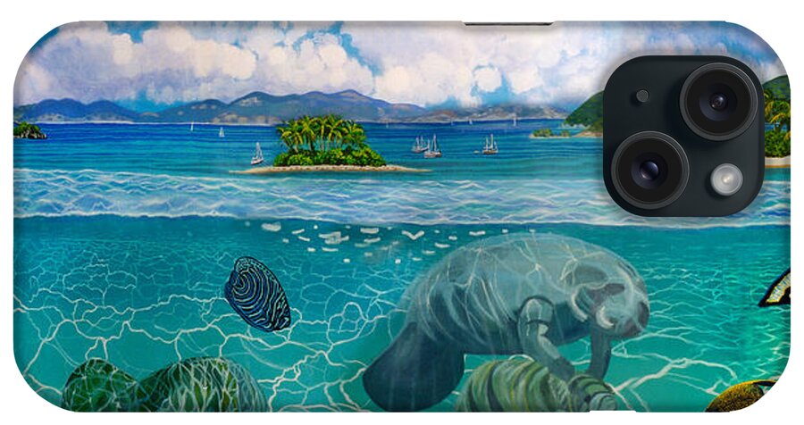South Pacific iPhone Case featuring the painting South Pacific Paradise with Manateestees by Bonnie Siracusa