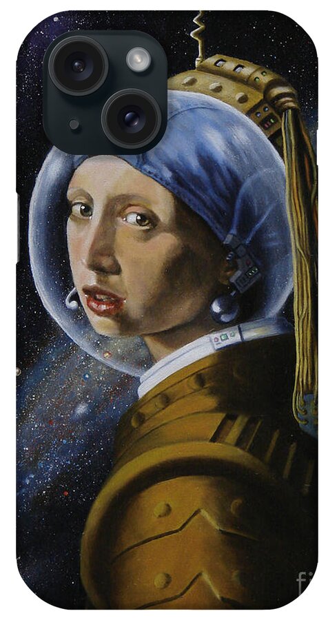 Astronaut iPhone Case featuring the painting Space Girl with Pearl Earpiece, after Vermeer by Ken Kvamme