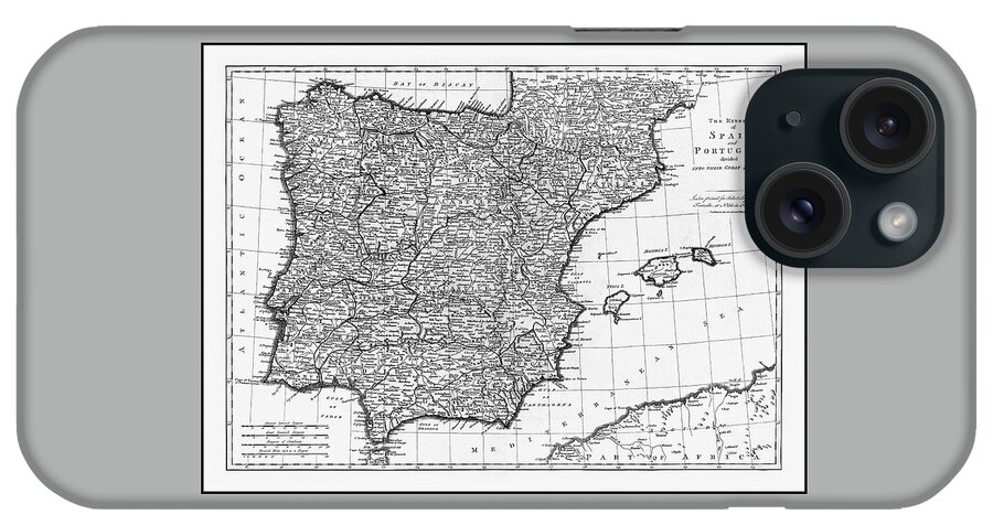 Spain iPhone Case featuring the photograph Spain and Portugal Vintage Map 1772 Black and White by Carol Japp
