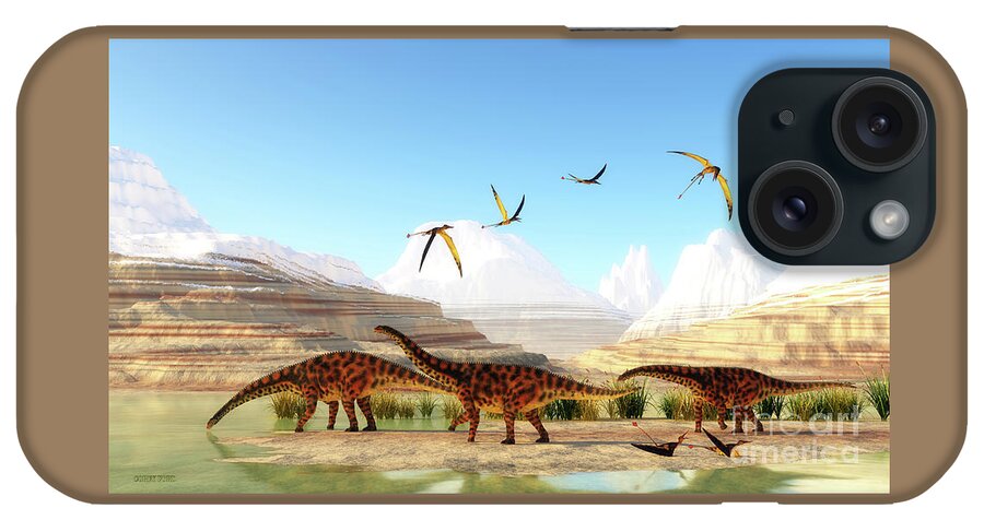 Spinophorosaurus iPhone Case featuring the digital art Spinophorosaurus Dinosaur Mountains by Corey Ford