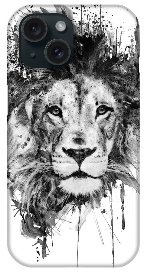 Marian Voicu iPhone Case featuring the painting Splattered Lion Black and White by Marian Voicu
