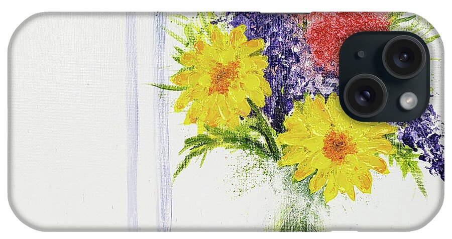 Still Life iPhone Case featuring the painting SPRING BOUQUET Abstract Painting Yellow Purple Pink Flowers by Lynnie Lang