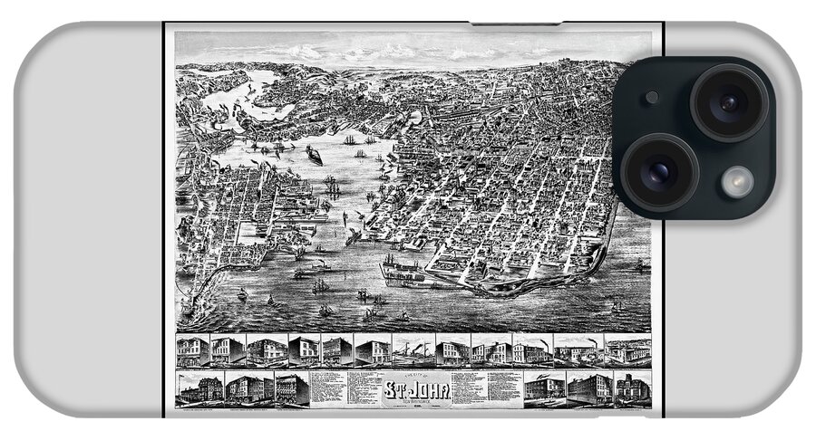 St John iPhone Case featuring the photograph St John New Brunswick Vintage Map Birds Eye View 1882 Black and White by Carol Japp