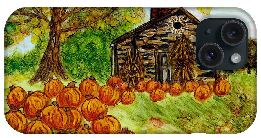 iPhone Case featuring the painting Stone Cabin Pumpkin Patch by Linda Stanton
