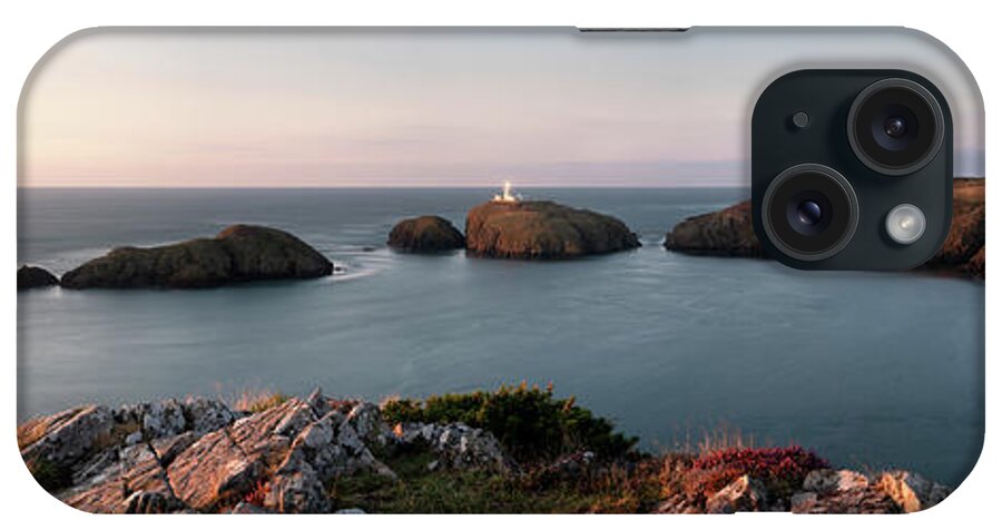 Panorama iPhone Case featuring the photograph Strumble Head Lighthouse sunset Pembrokeshire Coast Wales by Sonny Ryse