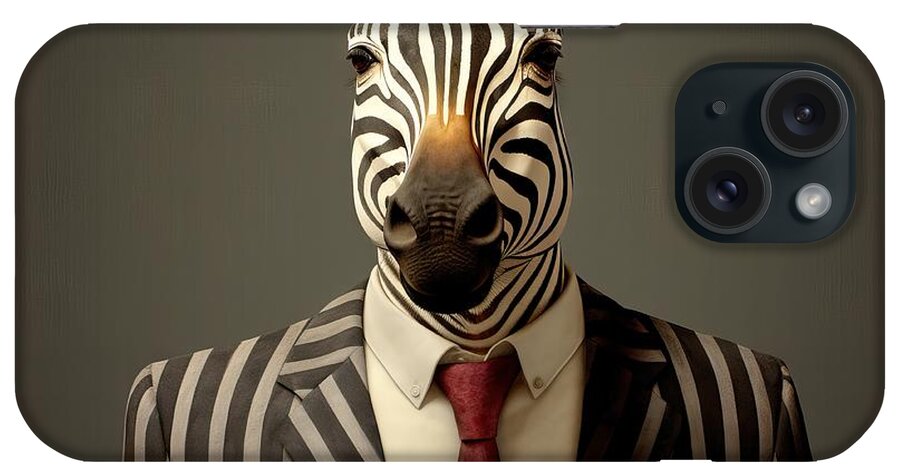 Jacket iPhone Case featuring the painting suit wearing zebra Anthropomorphic jacket standing fashion businessman business office attaching ai fauna nature white background isolated president model animal portrait mammal wildlife stripes by N Akkash