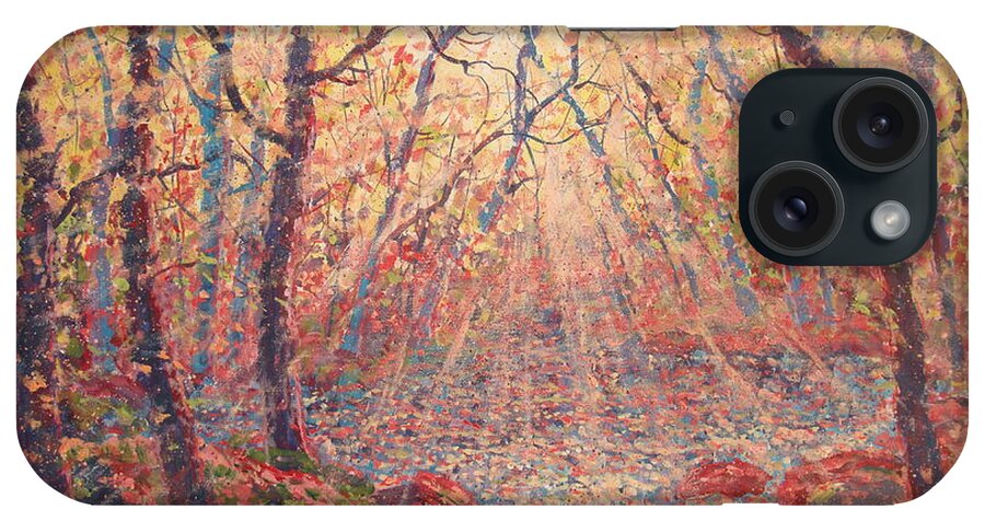 Painting iPhone Case featuring the painting Sun Rays Through The Trees. by Leonard Holland