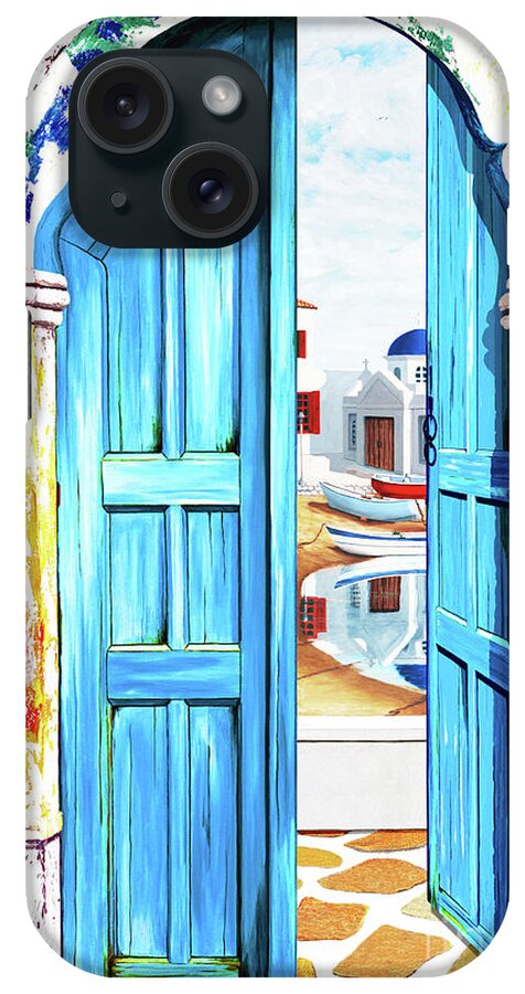 Santorini iPhone Case featuring the painting SUNDAY, IN MYKONOS BAY-Prints of Oil Paintings by Mary Grden