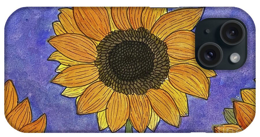 Sunflowers iPhone Case featuring the mixed media Sunflowers on Blue by Lisa Neuman