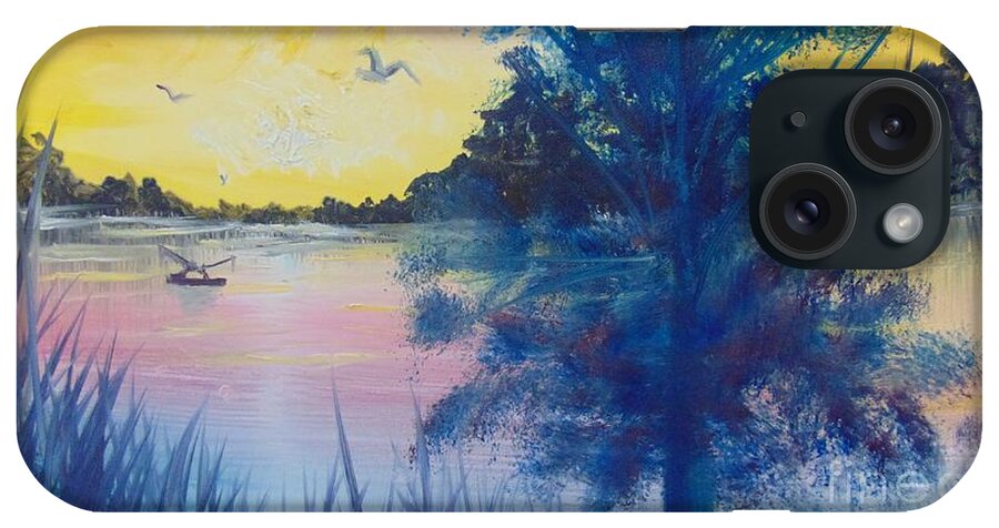 Fisherman iPhone 15 Case featuring the painting Sunrise on the Lake by Saundra Johnson