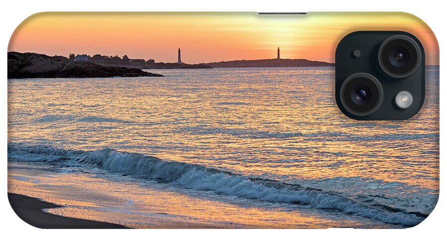 Gloucester iPhone Case featuring the photograph Sunrise over Thacher Island from Long Beach in Rockport MA Golden Sunrise Wave by Toby McGuire