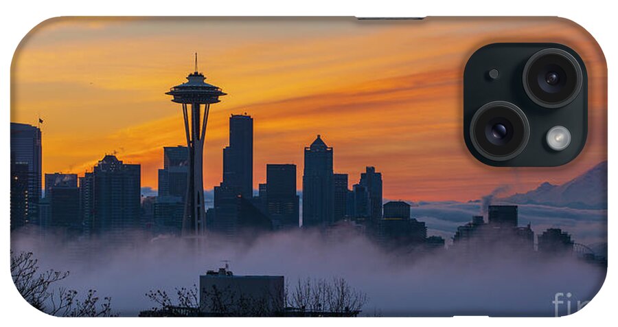 Seattle iPhone Case featuring the photograph Sunrise Seattle Skyline Above the Fog by Mike Reid