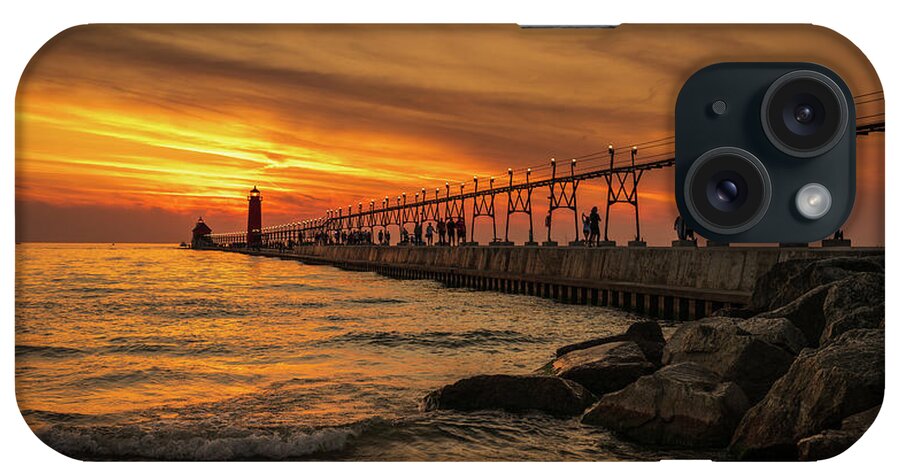 Grand Haven iPhone Case featuring the digital art Sunset at Grand Haven Lighthouse by Kevin McClish