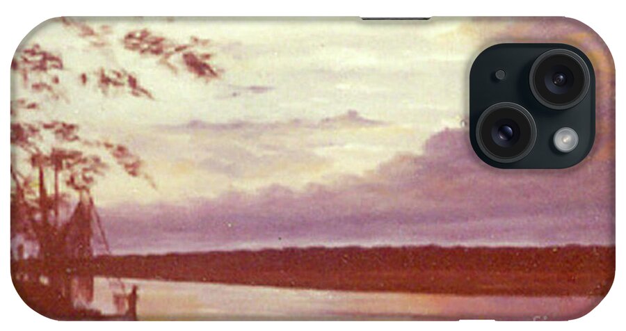 Sunset iPhone Case featuring the painting Sunset at Murrells Inlet on Fishing Boat Vintage Oil Painting by Catherine Ludwig Donleycott