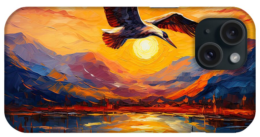 Crane iPhone Case featuring the painting Sunset Duet - Graceful Crane Flying at Sunset by Lourry Legarde