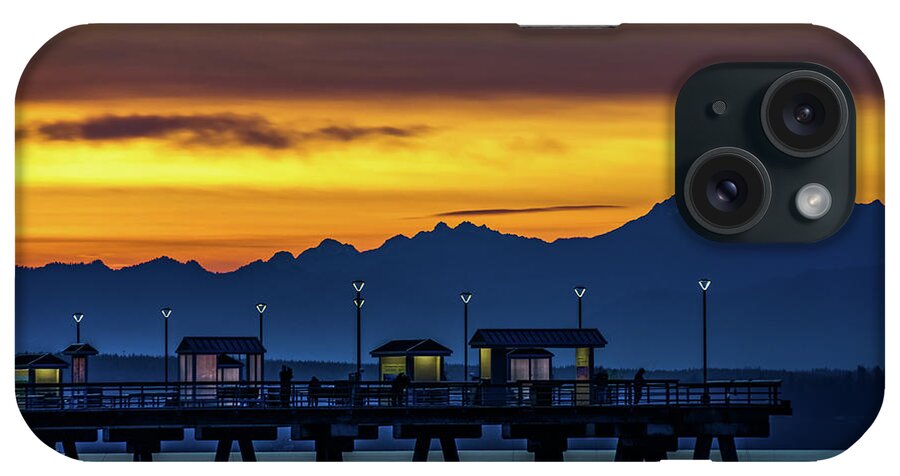 Edmonds Fishing Pier; Sunset Afterglow; Golden Sky; Olympic Mountains; Puget Sound; Blue Hour; Fall; Autumn; Seascape; Dock iPhone Case featuring the photograph Sunset Glory by Emerita Wheeling