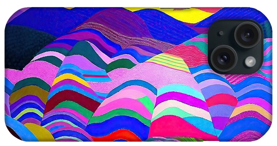 Abstract Landscape iPhone Case featuring the painting SUNSET OVER ROLLING HILLS PATCHWORK FIELDS Painting abstract landscape stylized landscape patterns in landscape patchwork fields sunset over lake shapes and patterns 3d abstract alien alien planet by N Akkash