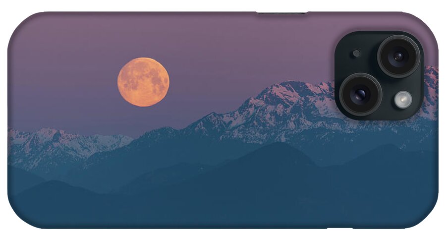 Olympic Mountains iPhone Case featuring the photograph Supermoon and Olympic Mountains on Spring Equinox March 20, 2019 by Nancy Gleason