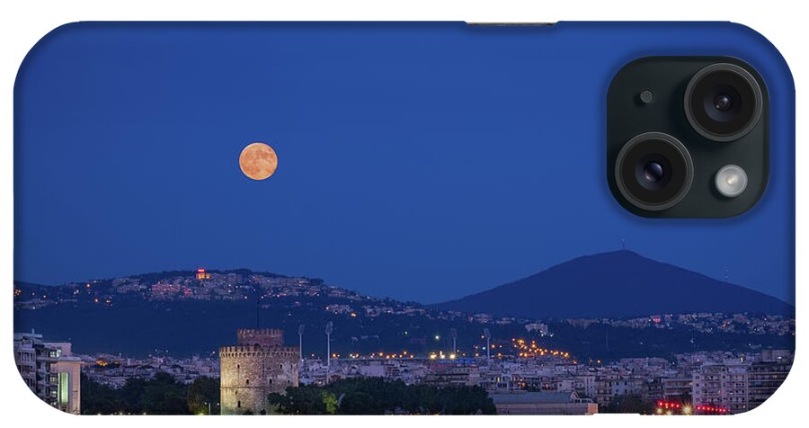 Thessaloniki iPhone Case featuring the photograph Supermoon over the White Tower of Thessaloniki by Alexios Ntounas