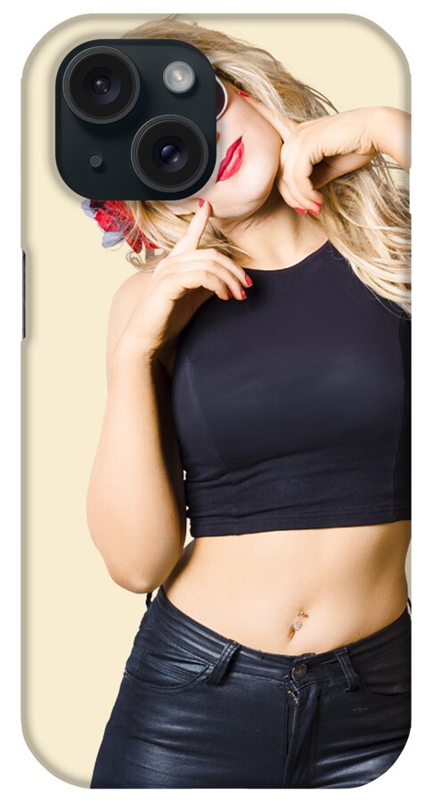 Girl iPhone Case featuring the photograph Surprised pinup woman isolated on studio backgrond by Jorgo Photography