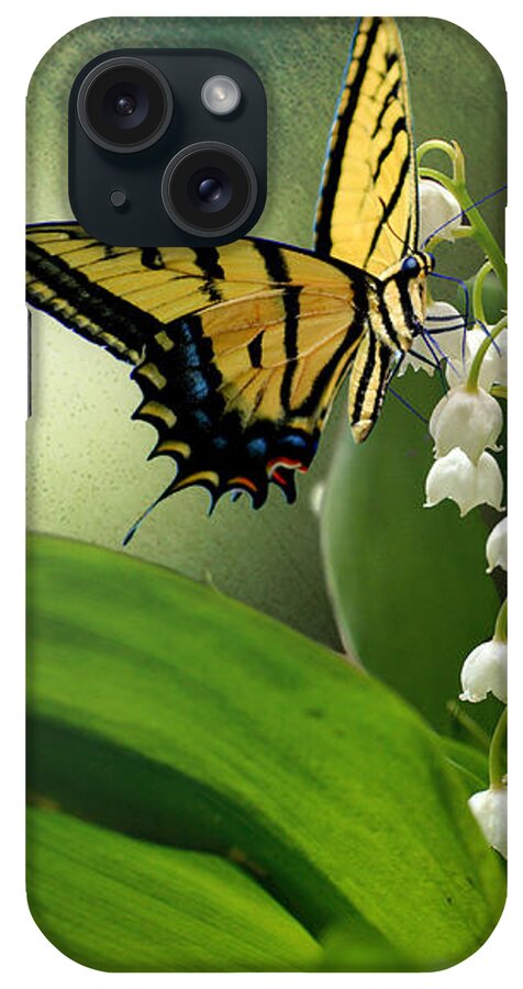 Butterfly Butterfly On Flower iPhone Case featuring the mixed media Swallowtail on Lily of the Valley by Morag Bates