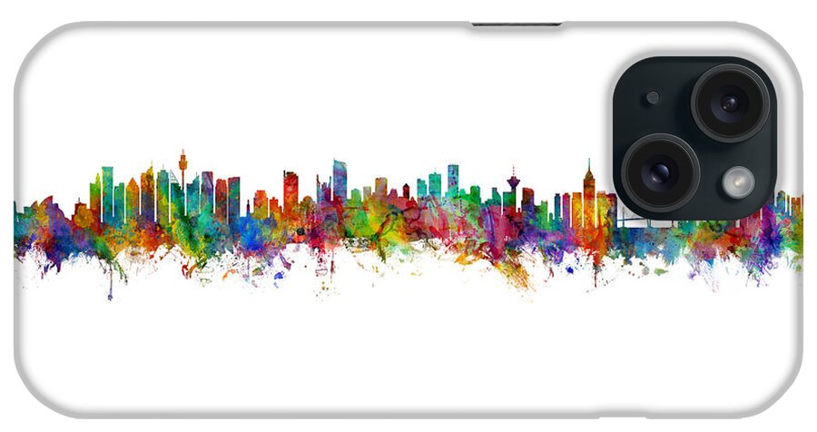 Hong Kong iPhone Case featuring the digital art Sydney, Vancouver and Hong Kong Skylines Mashup by Michael Tompsett