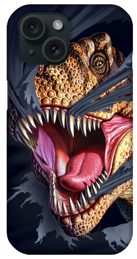 Trex iPhone Case featuring the digital art T-Rex Terror by Jerry LoFaro