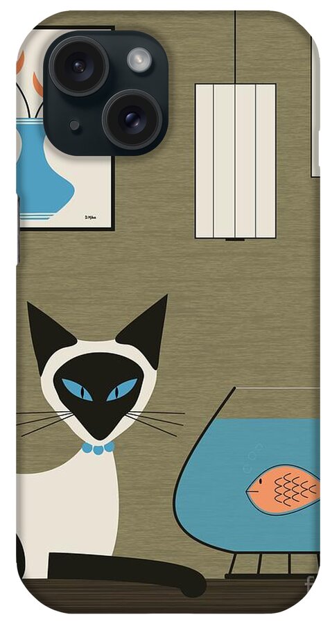 Mid Century Modern iPhone Case featuring the digital art Tabletop Siamese with Fish by Donna Mibus