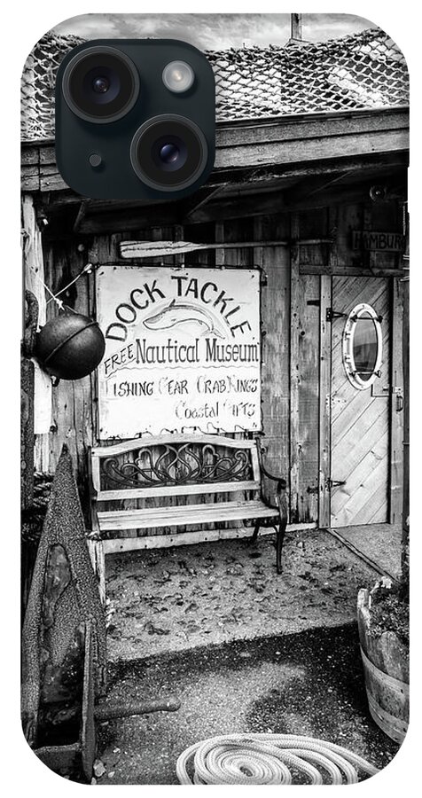 Dock iPhone Case featuring the photograph Tackle Shop and Nautical Museum Black and White by Debra and Dave Vanderlaan