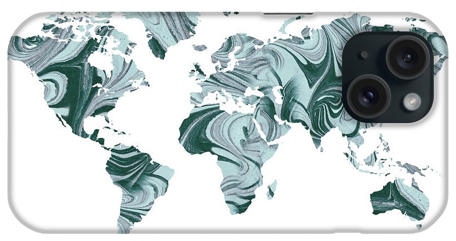 World Map iPhone Case featuring the painting Teal Jasper Watercolor World Map Silhouette by Irina Sztukowski